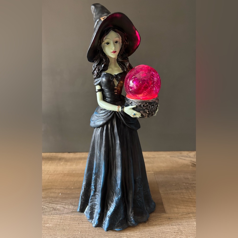 Mystical Witch Figurine with Light Up Pink Crystal Ball